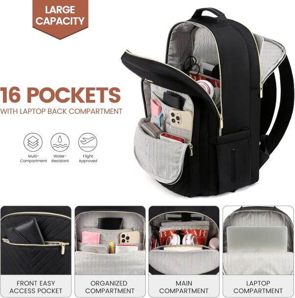 Laptop Backpack for Women 17.3 inch,Cute Womens Travel Backpack Purse,Professional Computer Bag,Waterproof Work Business College Teacher Bags Carry on Backpack with USB Port,Black - Image 2